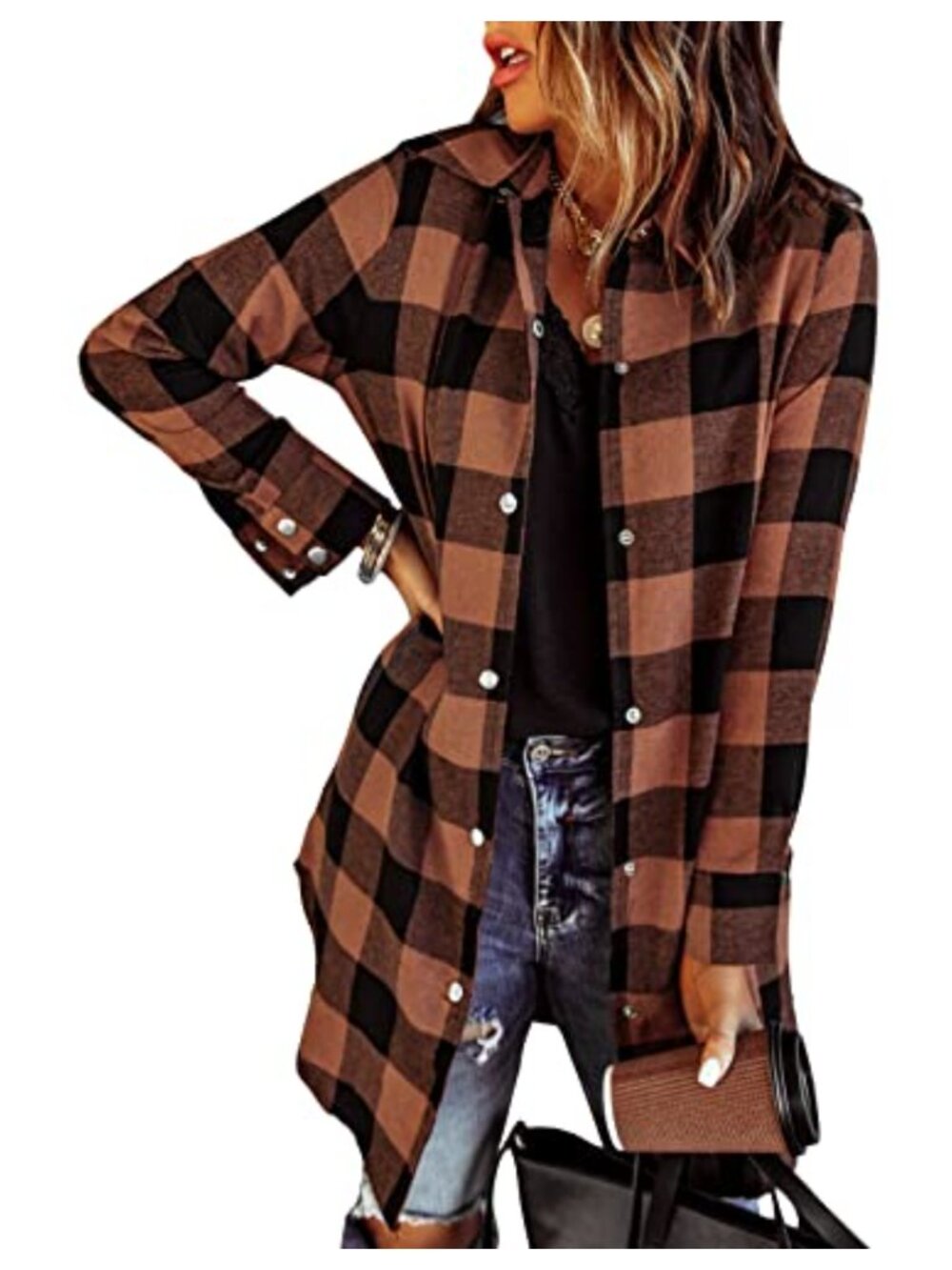 Womens Plaid Flannel Shacket Button Down Shirt Jacket